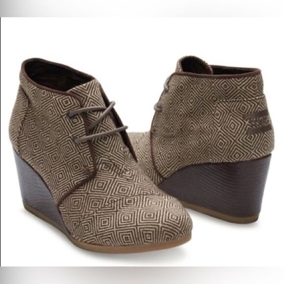 TOMS Desert Wedge Herringbone Booties Brown Woven Diamond Women's Size 11 - Picture 1 of 8